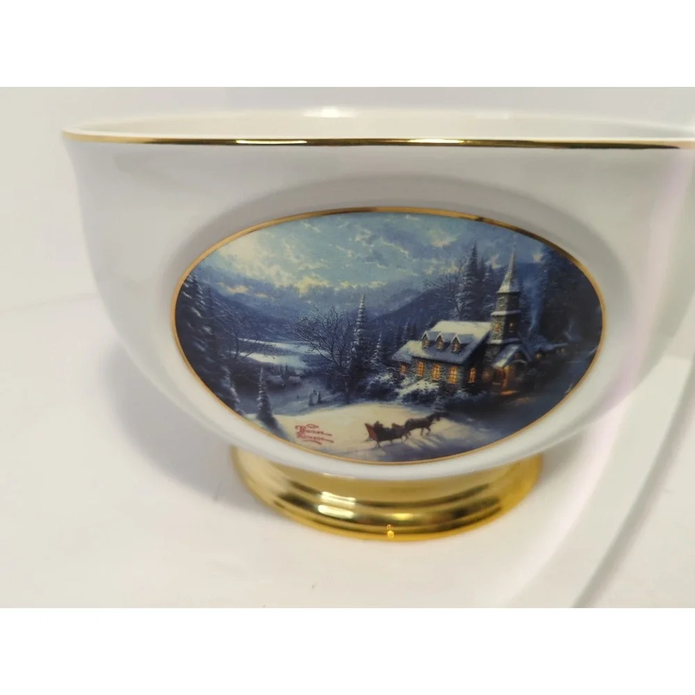 Thomas Kinkade Sunday Evening Sleigh Ride Bowl - Christmas Porcelain Teleflora